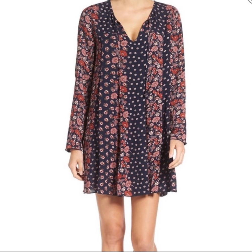 Hinge Dress Women’s XS Navy Floral Print Long Sleeve Boho Keyhole Tie Shift
